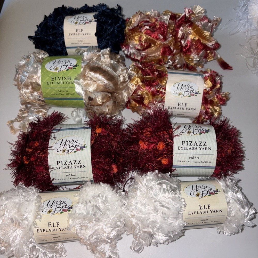 8 Yarn Bee Elf Eyelash Yarn Sugar Red Hot Almond Indigo Ginger 1.8 Each